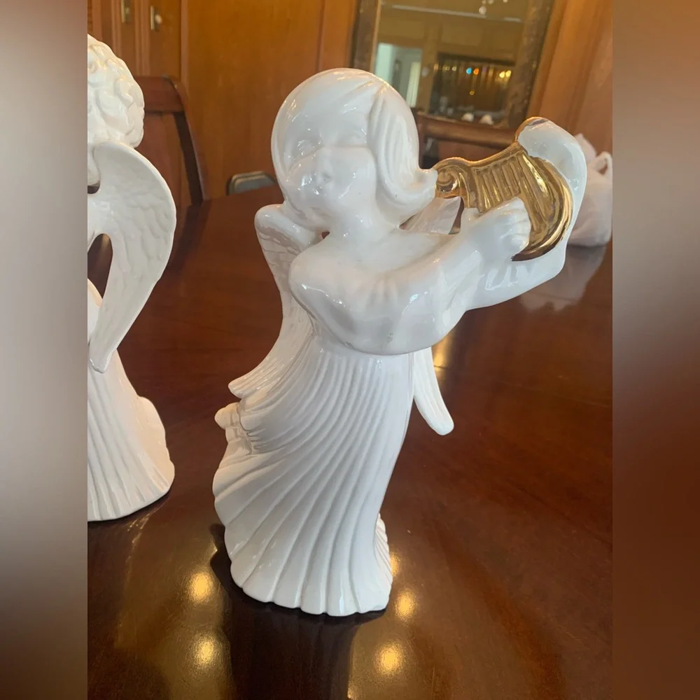 3 ATLANTIC MOLD 12 INCH TALL CERAMIC ANGELS PLAYING CHRISTMAS HYMNS PREOWNED